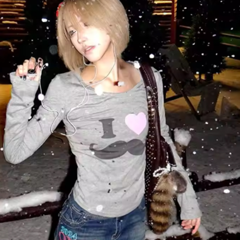 Street Fashion Harajuku - Japanse Y2K Baard Print T-shirt Vintage